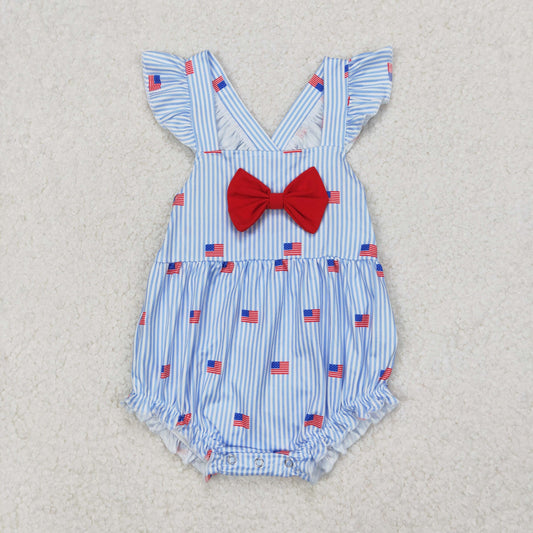 SR2921 4th of July USA Blue Striped Red Bows Flag Fly Sleeve Romper Girls Boutique Outfits 202503 RTS