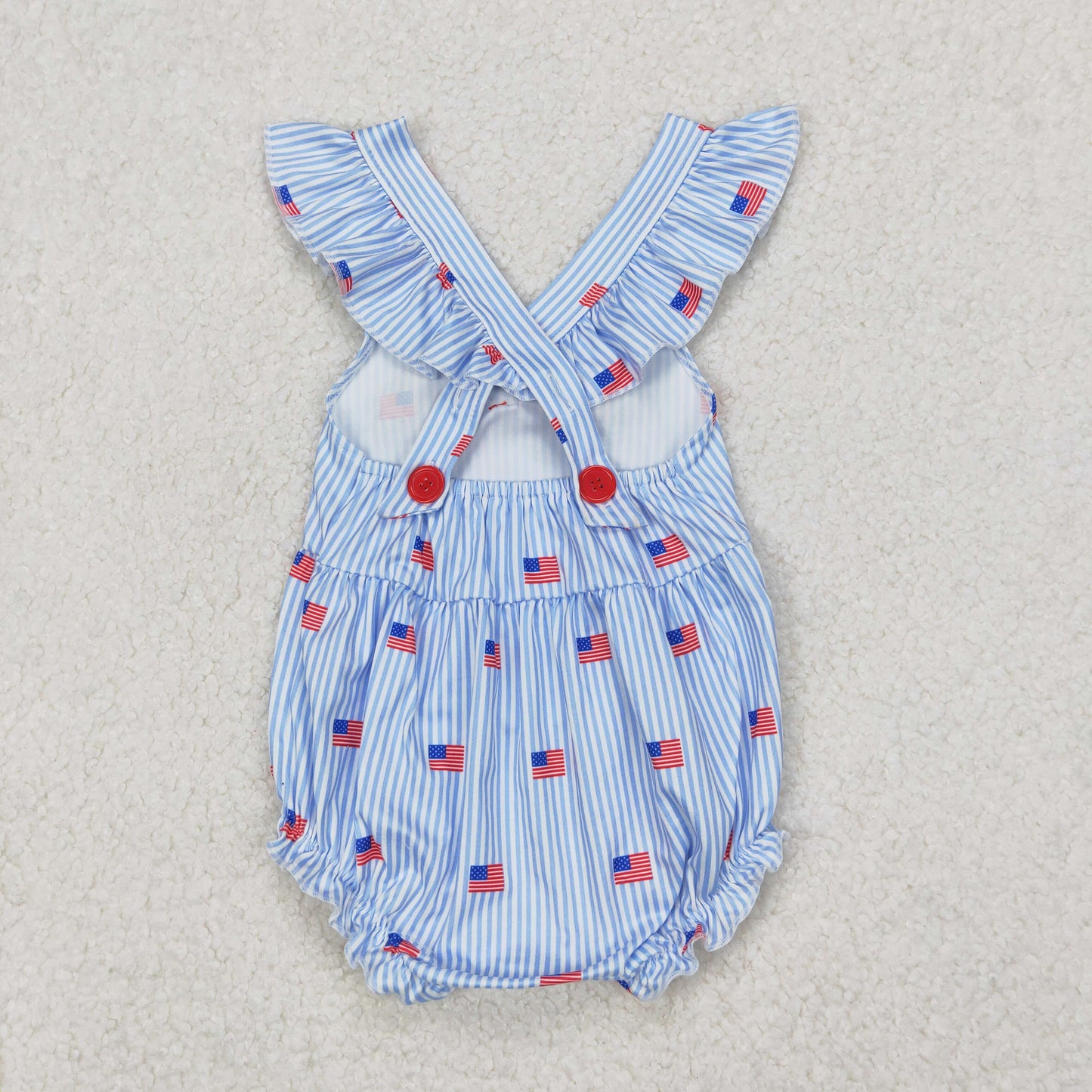 SR2921 4th of July USA Blue Striped Red Bows Flag Fly Sleeve Romper Girls Boutique Outfits 202503 RTS