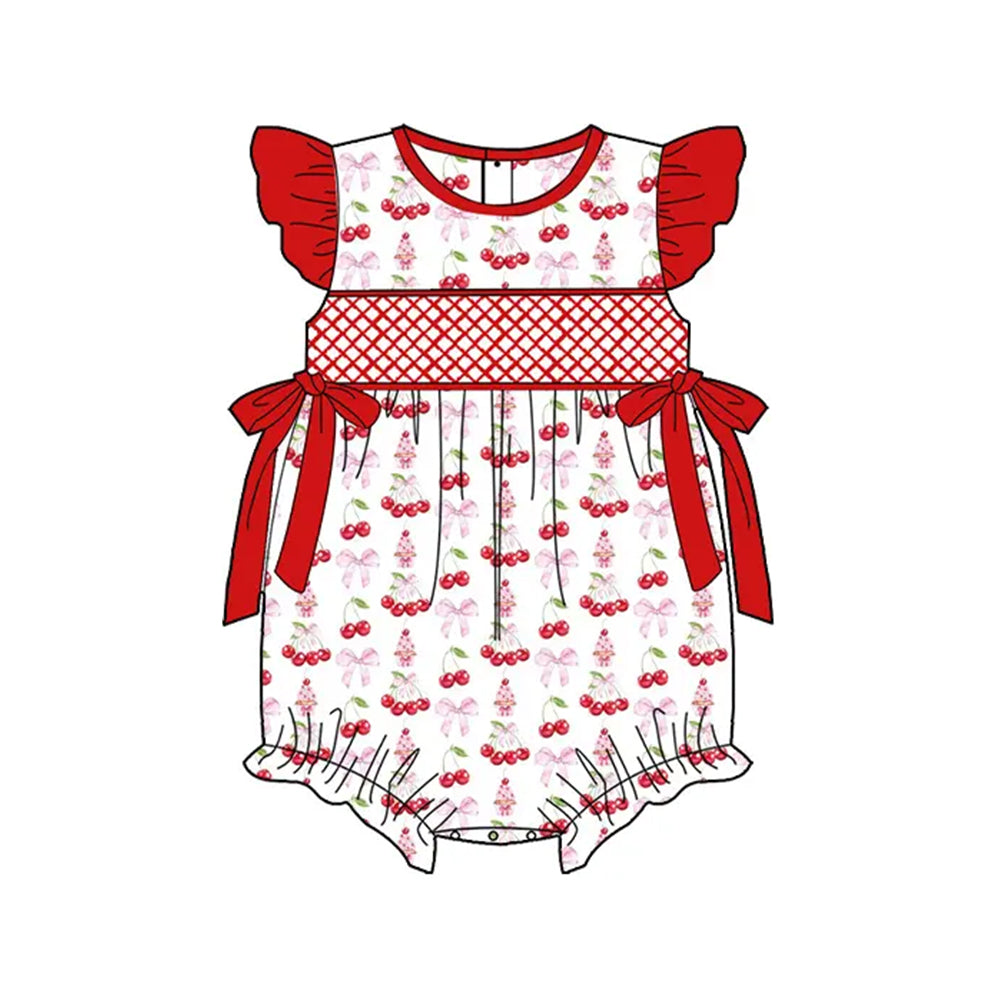 preorder SR2925 Red Bow Cherry Flying Sleeve Romper Girls Boutique Outfits 202503