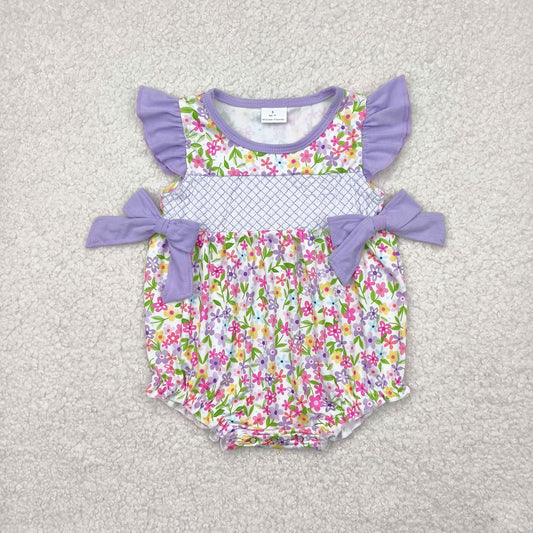 SR2928 Embroidered Colored Flower Purple Bow Flying Sleeve Romper Girls Boutique Outfits 202504 RTS