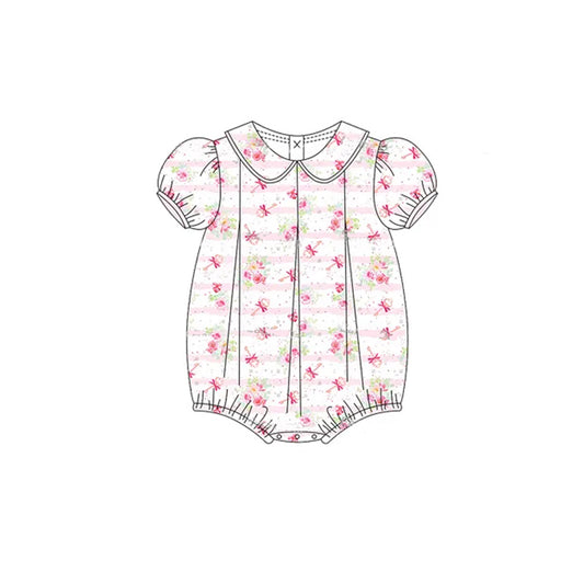 preorder SR2929 White Pink Flower Puff Short Sleeve Romper Girls Boutique Outfits 202503