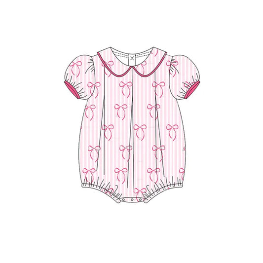 preorder SR2931 Rose Pink Striped Bow Puff Short Sleeve Romper Girls Boutique Outfits 202503