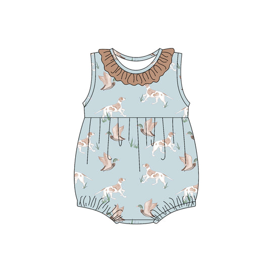 preorder SR2935 Duck Puppy Blue Brown Ruffle Sleeveless Bubble Romper Girls Boutique Outfits 202503