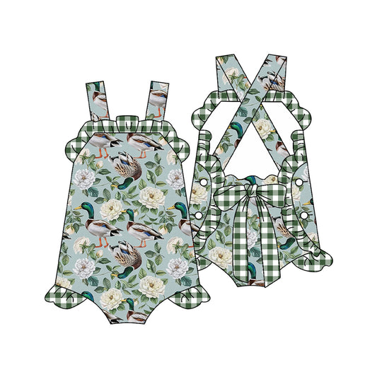 Preorder SR2940 Duck Flower Green Plaid Ruffle Sleeveless Romper Baby Girls Bubble Boutique Summer Clothes  202503