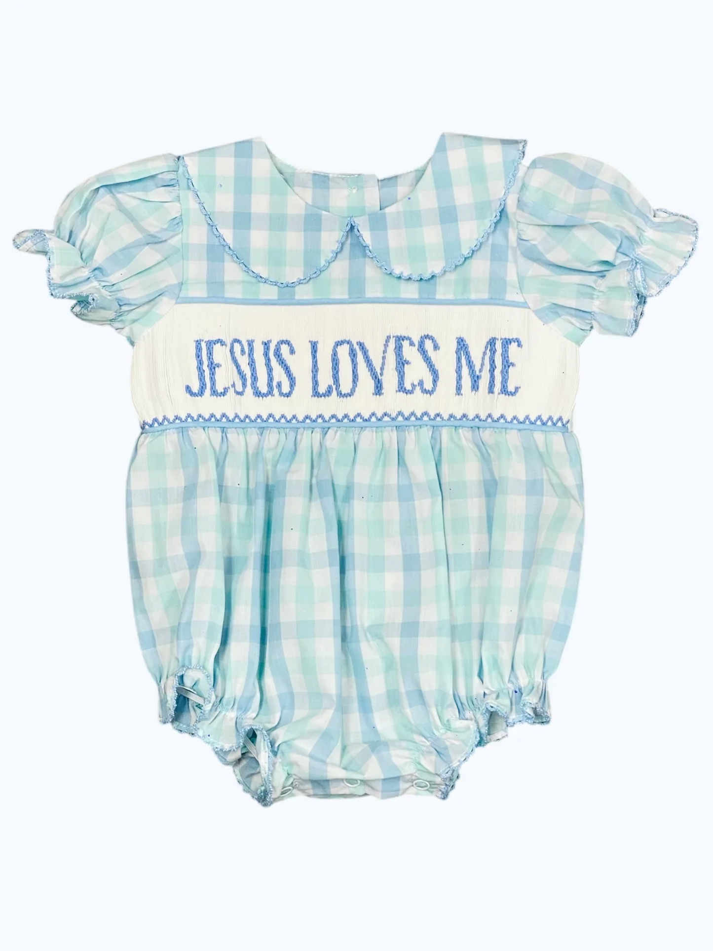Preorder SR2942 Jesus Love Me Green Plaid Short Sleeve Romper Baby Girls Bubble Boutique Summer Clothes  202503