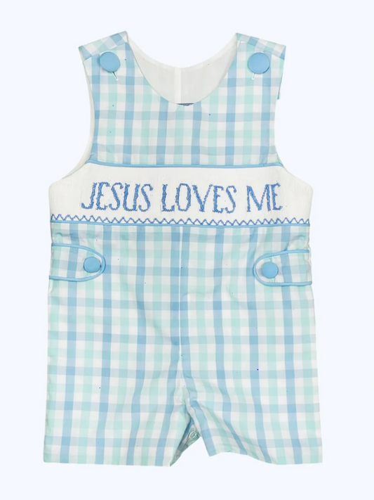 Preorder SR2943 Jesus Love Me Green Plaid Short Sleeve Romper Baby Boys Boutique Summer Clothes  202503