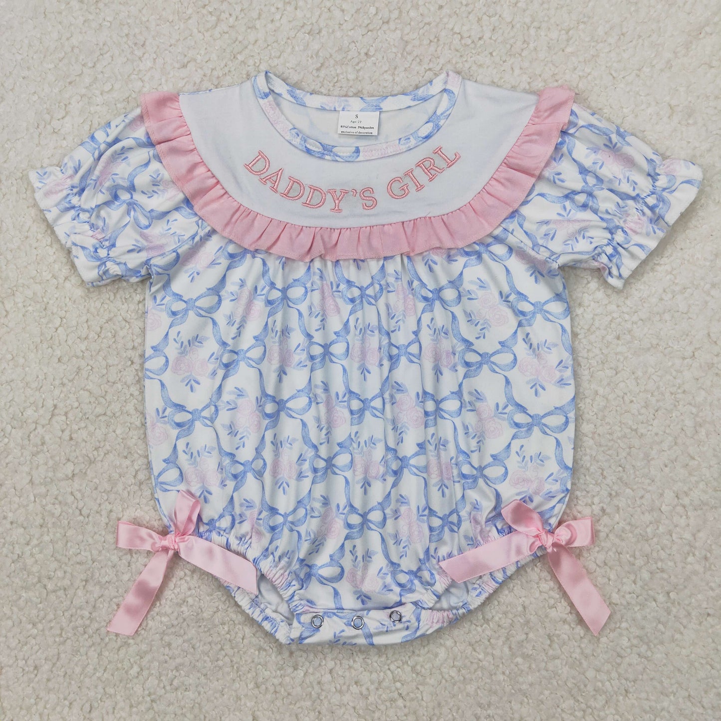 SR2944 Daddy's Girl Embroidered Pink Blue Flower Bows Ruffle Short Sleeve Romper Baby Girl Bubble Boutique Clothes  202504 RTS