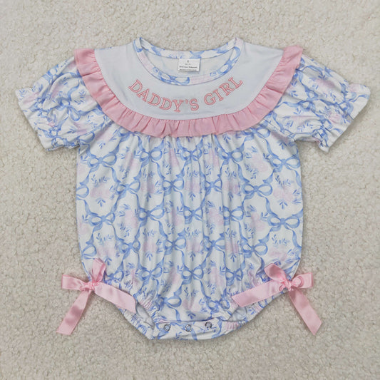 SR2944 Daddy's Girl Embroidered Pink Blue Flower Bows Ruffle Short Sleeve Romper Baby Girl Bubble Boutique Clothes  202504 RTS
