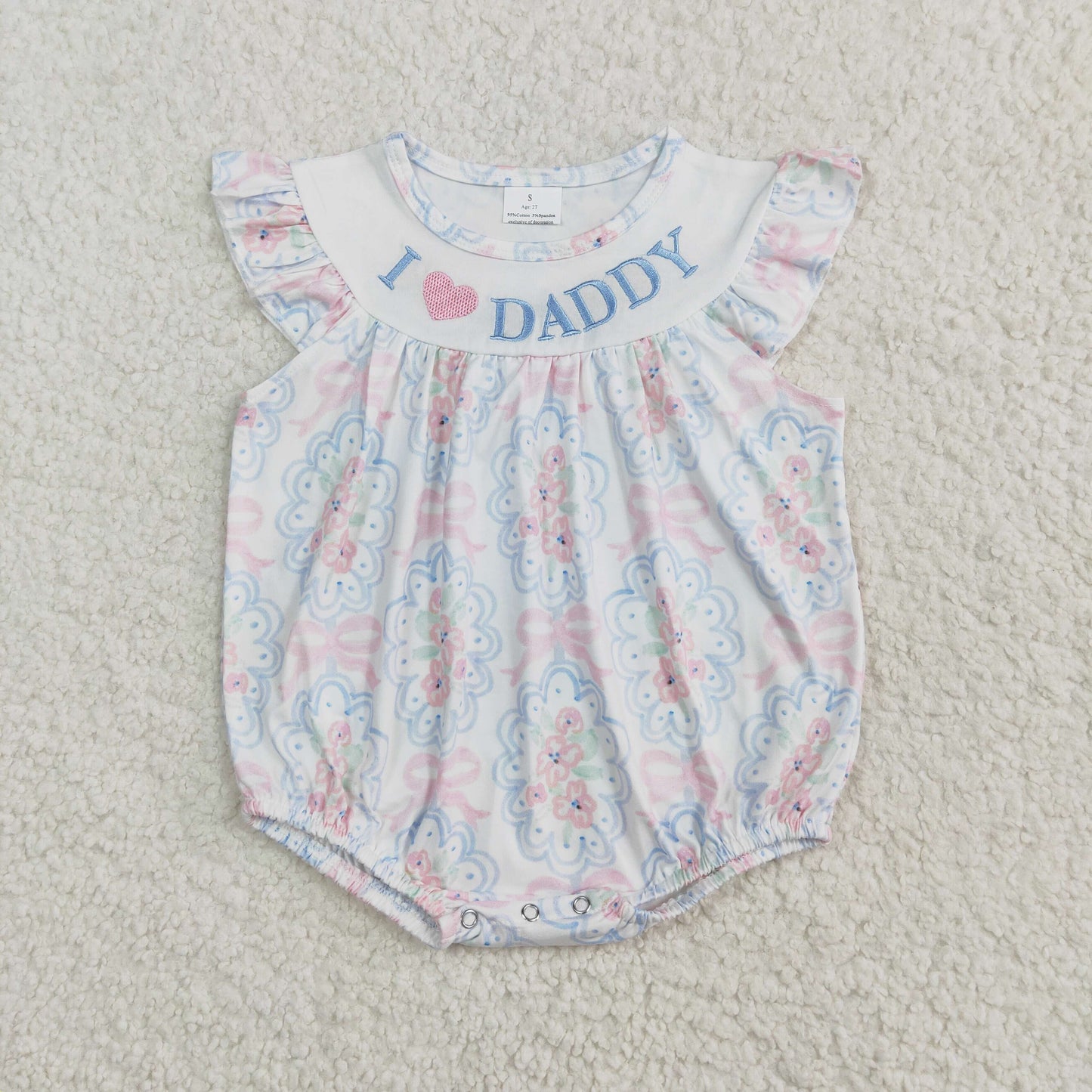SR2946 I Love Daddy Embroidered Pink Blue Flower Bows Fly Sleeve Romper Baby Girl Boutique Summer Clothes  202504 RTS