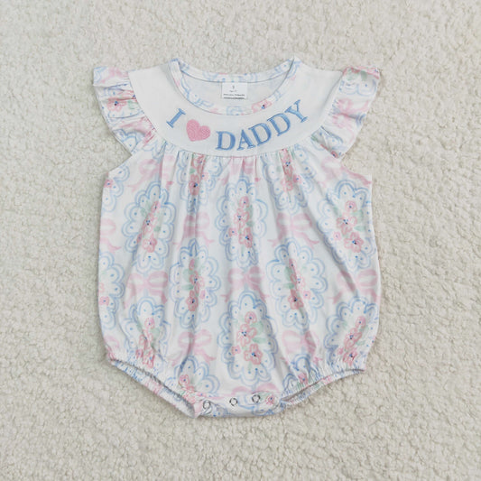 SR2946 I Love Daddy Embroidered Pink Blue Flower Bows Fly Sleeve Romper Baby Girl Boutique Summer Clothes  202504 RTS