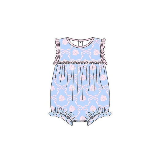 Preorder SR2950 Blue Pink Flower Bows Ruffle Sleeveless Romper Baby Girls Boutique Summer Clothes  202503