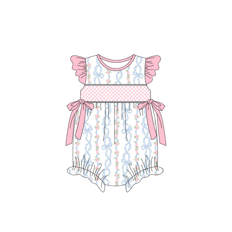 Preorder SR2952 Pink Blue Flower Bows Fly Sleeve Romper Baby Girls Boutique Summer Clothes  202503