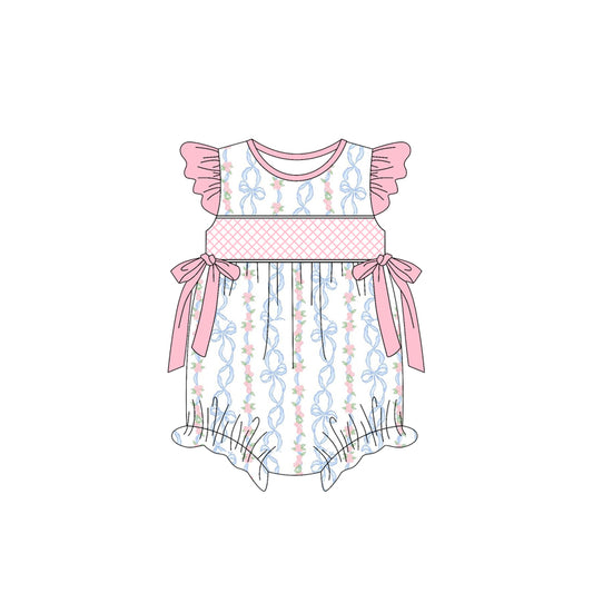 Preorder SR2952 Pink Blue Flower Bows Fly Sleeve Romper Baby Girls Boutique Summer Clothes  202503