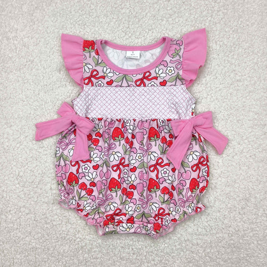 SR2953 Embroidered Pink Red Strawberry Cherry Bows Fly Sleeve Romper Baby Girls Boutique Summer Clothes  202504 RTS