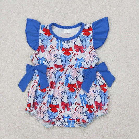 SR2954 4th of July USA Red Blue Bows Fly Sleeve Romper Baby Girls Boutique Summer Clothes  202503 RTS