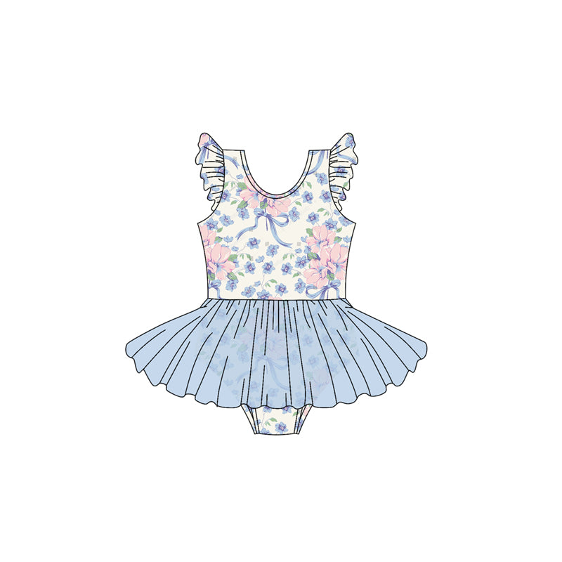 Preorder SR2956 Blue Ruffle Pink Flower Fly Sleeve Romper Baby Girls Boutique Summer Clothes  202503