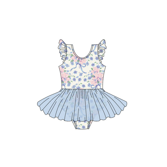 Preorder SR2956 Blue Ruffle Pink Flower Fly Sleeve Romper Baby Girls Boutique Summer Clothes  202503