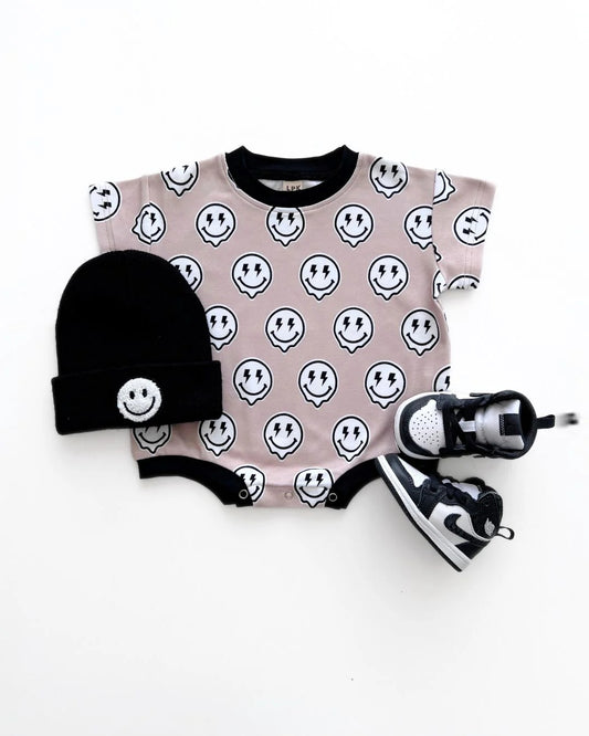 Preorder SR2957 Black Brown Smile Face Lightning Short Sleeve Romper Baby Boy Boutique Summer Clothes  202503