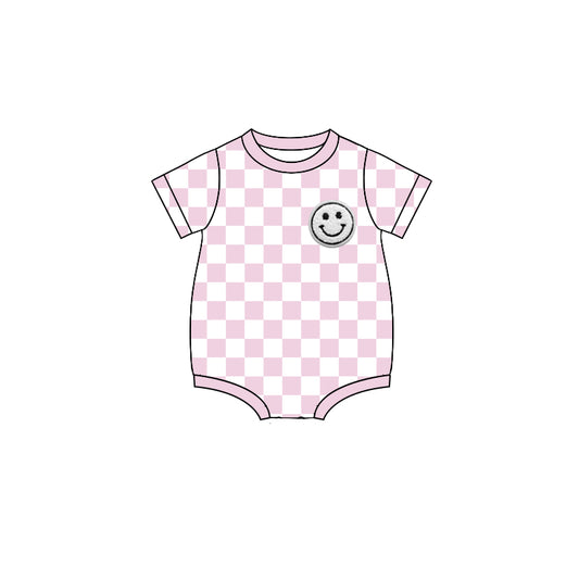 Preorder SR2959 Pink White Smile Face Short Sleeve Romper Baby Girls Boutique Summer Clothes  202503
