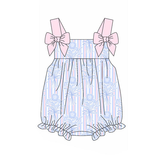 Preorder SR2960 Pink Blue Flower Striped Bows Sleeveless Romper Baby Girls Boutique Summer Clothes  202503