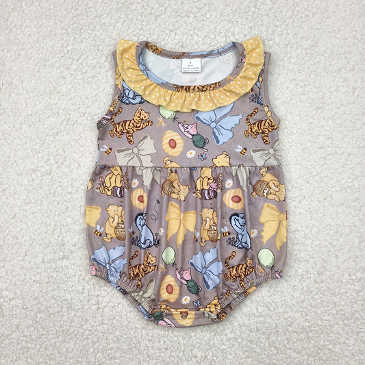 SR2963 Orange Brown Winnie-the-Pooh Ruffle Sleeveless Romper Baby Girls Boutique Summer Clothes  202504 RTS