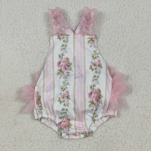 SR2964  Pink Blue Flower leaf Tulle Ruffle Sleeveless Romper Baby Girls Boutique Summer Clothes  202507 RTS