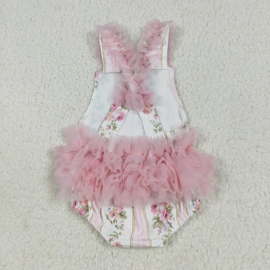 SR2964  Pink Blue Flower leaf Tulle Ruffle Sleeveless Romper Baby Girls Boutique Summer Clothes  202507 RTS