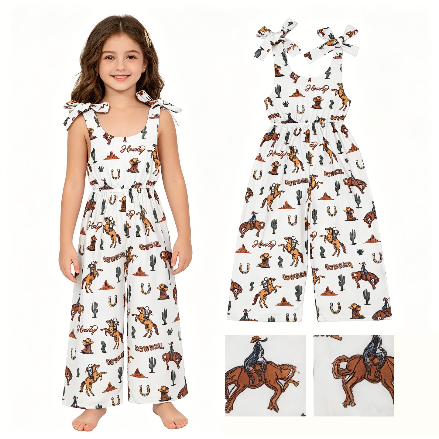 SR2969 Cowgirl Cactus Riding House Beige Sleeveless Girls Overalls Jumpsuits 202604 RTS