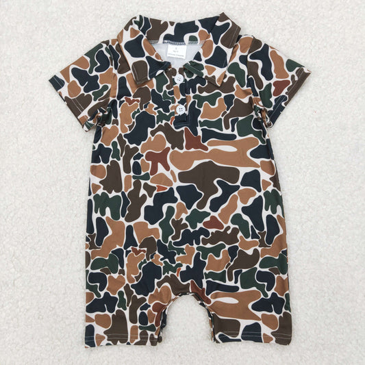 SR2979 Brown Green Camo Polo Short Sleeve Romper Baby Boys Boutique Summer Clothes  202503 RTS