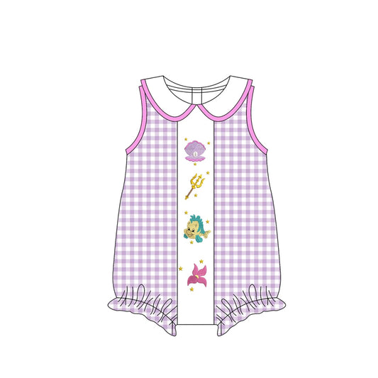Preorder SR3033 Cartoon Purple Pink Plaid Doll Collar Sleeveless Bubble Romper Baby Girls Boutique Outfits 202503