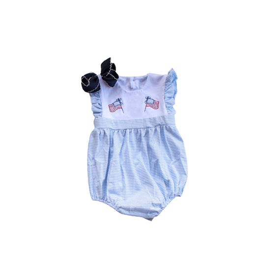 Preorder SR3035 4th of July Black Bow Blue Striped Flag Ruffle Sleeveless Bubble Romper Baby Girls Boutique Outfits 202503
