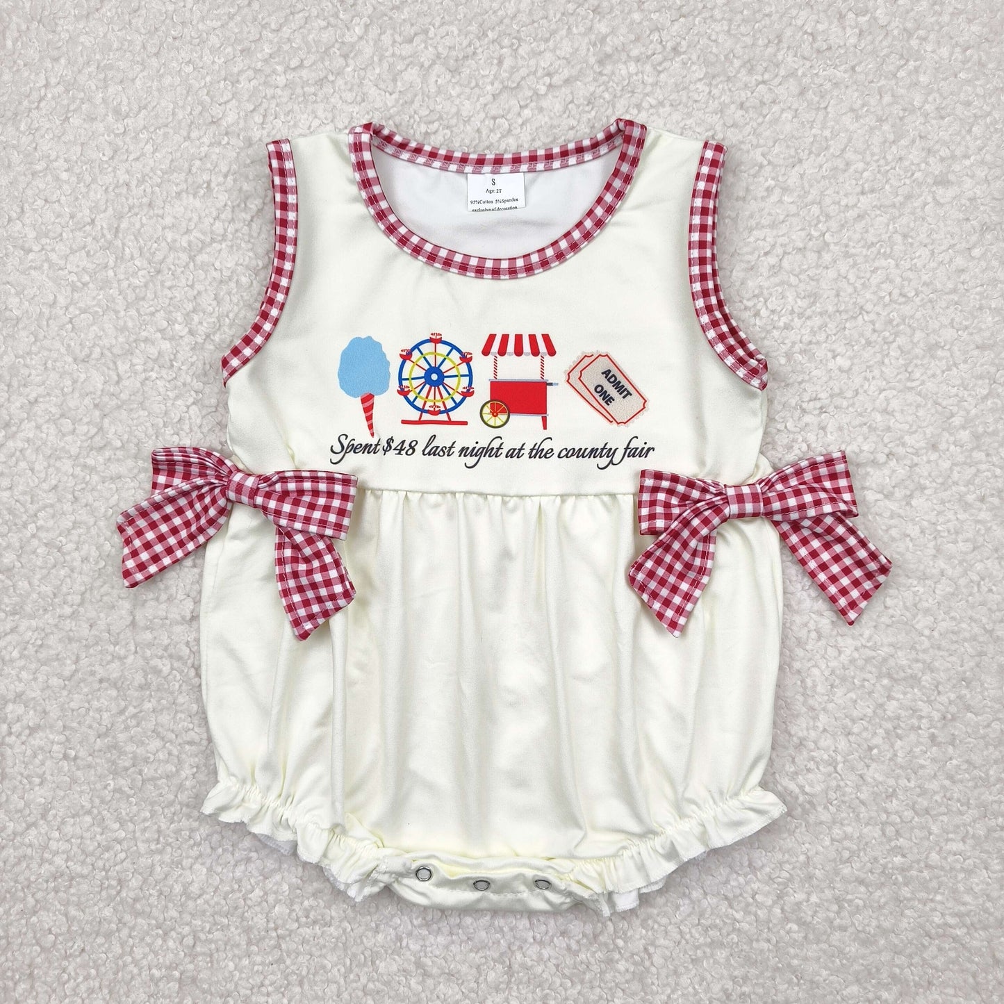 SR3037 Red Plaid ferris wheel Bows Beige Letter Sleeveless Bubble Romper Baby Girls Boutique Outfits 202504 RTS