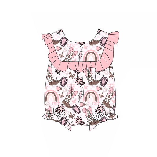 Preorder SR3040 Pink Lightning Boots Flower Ruffle Sleeveless Bubble Romper Baby Girls Boutique Outfits 202503