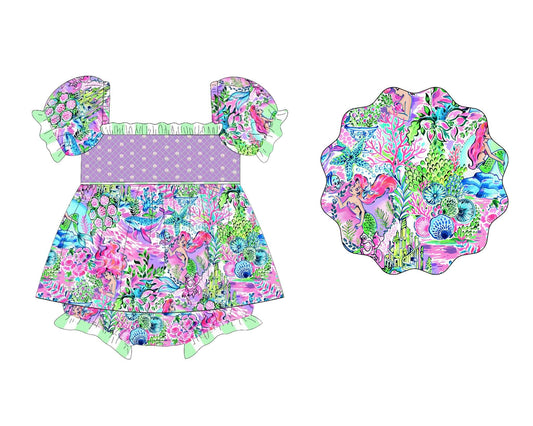 Preorder SR3042 Cartoon mermaid seaweed pearl purple short sleeve romper baby girls boutique outfits 202503
