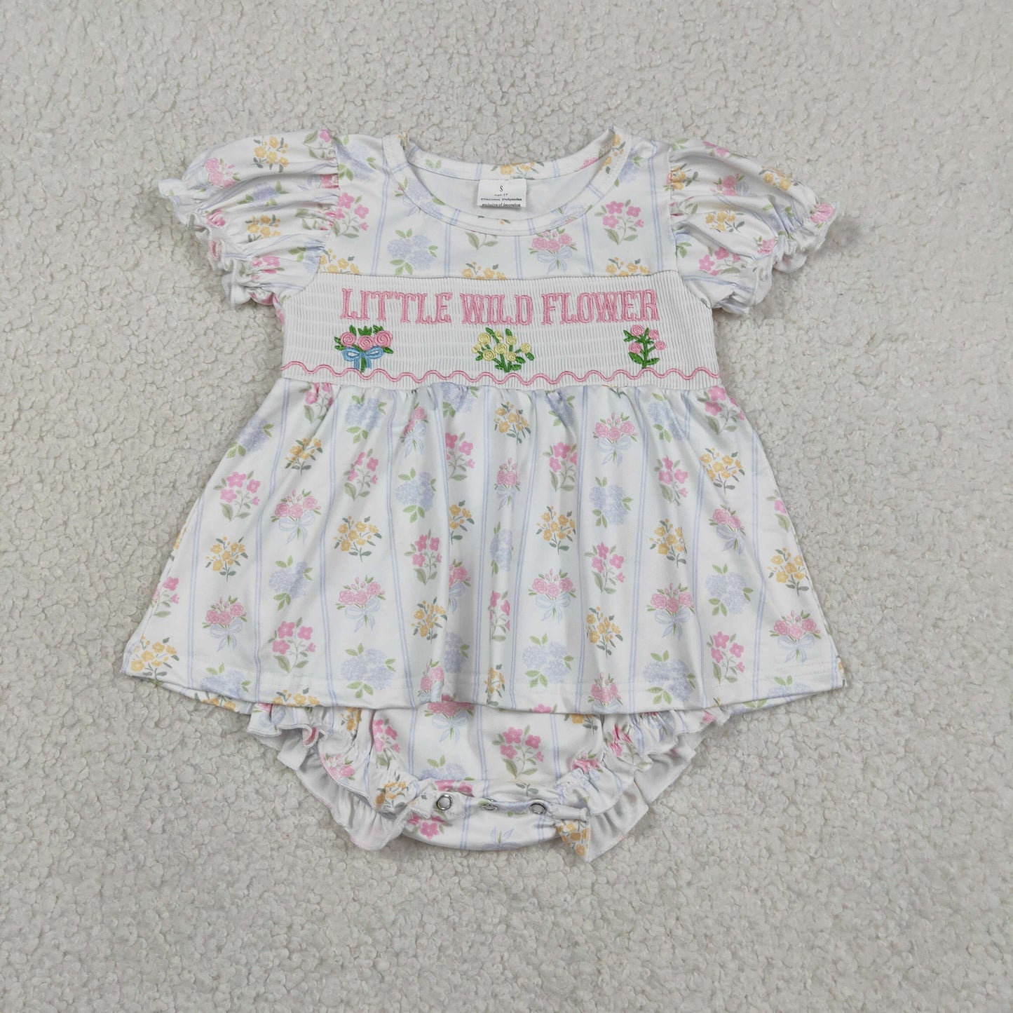 SR3043 Smocked Letter Pink Blue Flower Short Sleeve Baby Girls Bubble Romper 202605 RTS