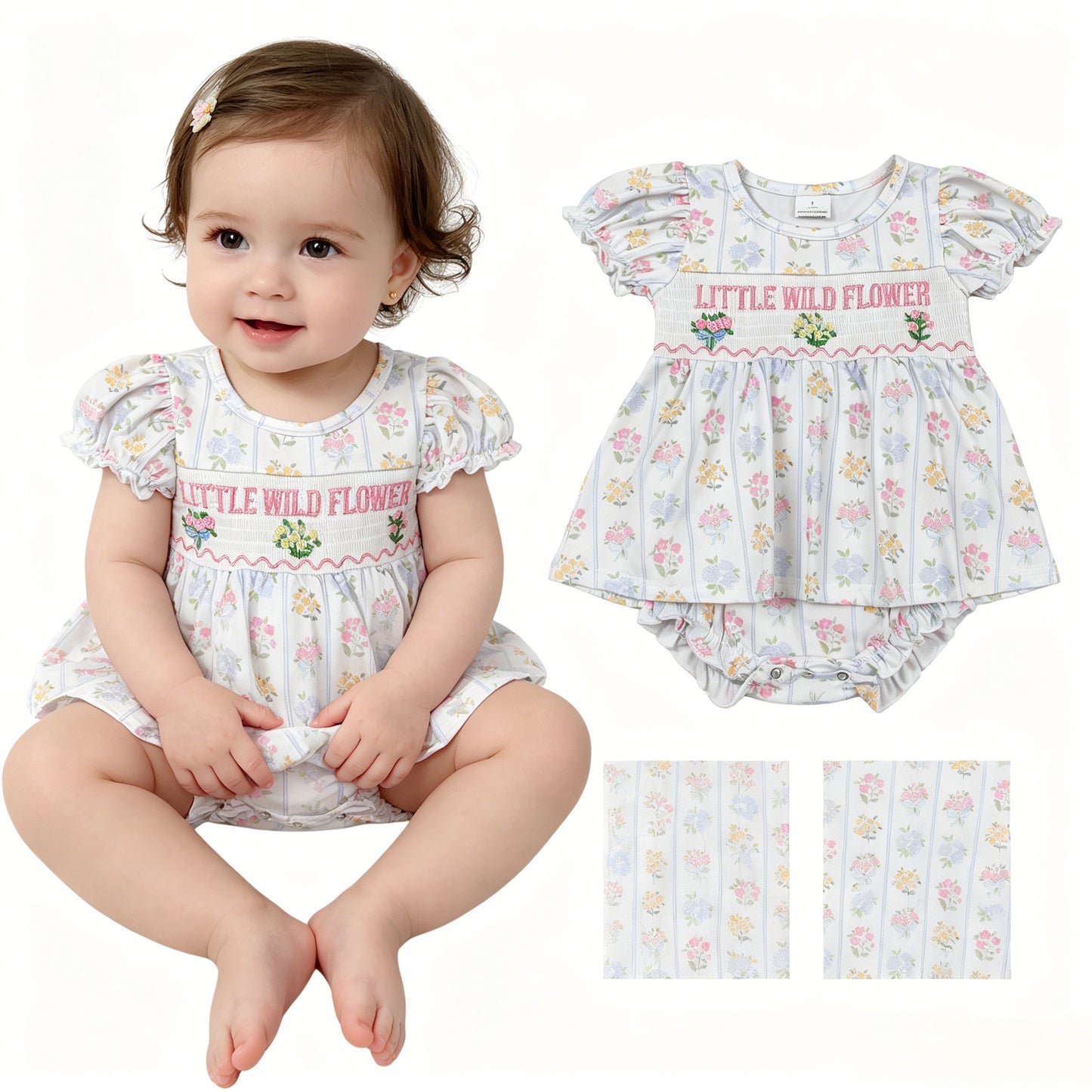 SR3043 Smocked Letter Pink Blue Flower Short Sleeve Baby Girls Bubble Romper 202605 RTS