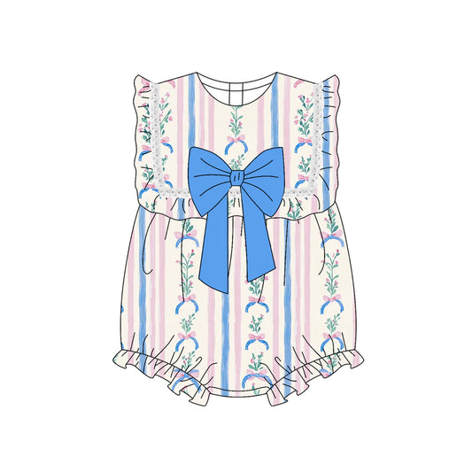 Preorder SR3045 pink blue bows flower striped ruffle sleeveless romper baby girls boutique outfits 202503