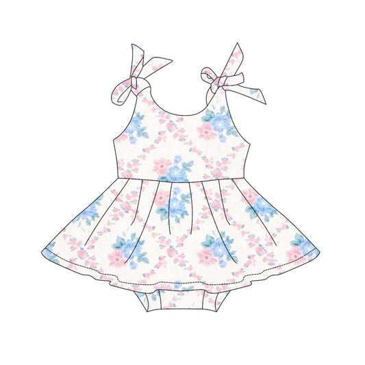 Preorder SR3047 blue pink flower sleeveless ruffle romper baby girls boutique outfits 202503