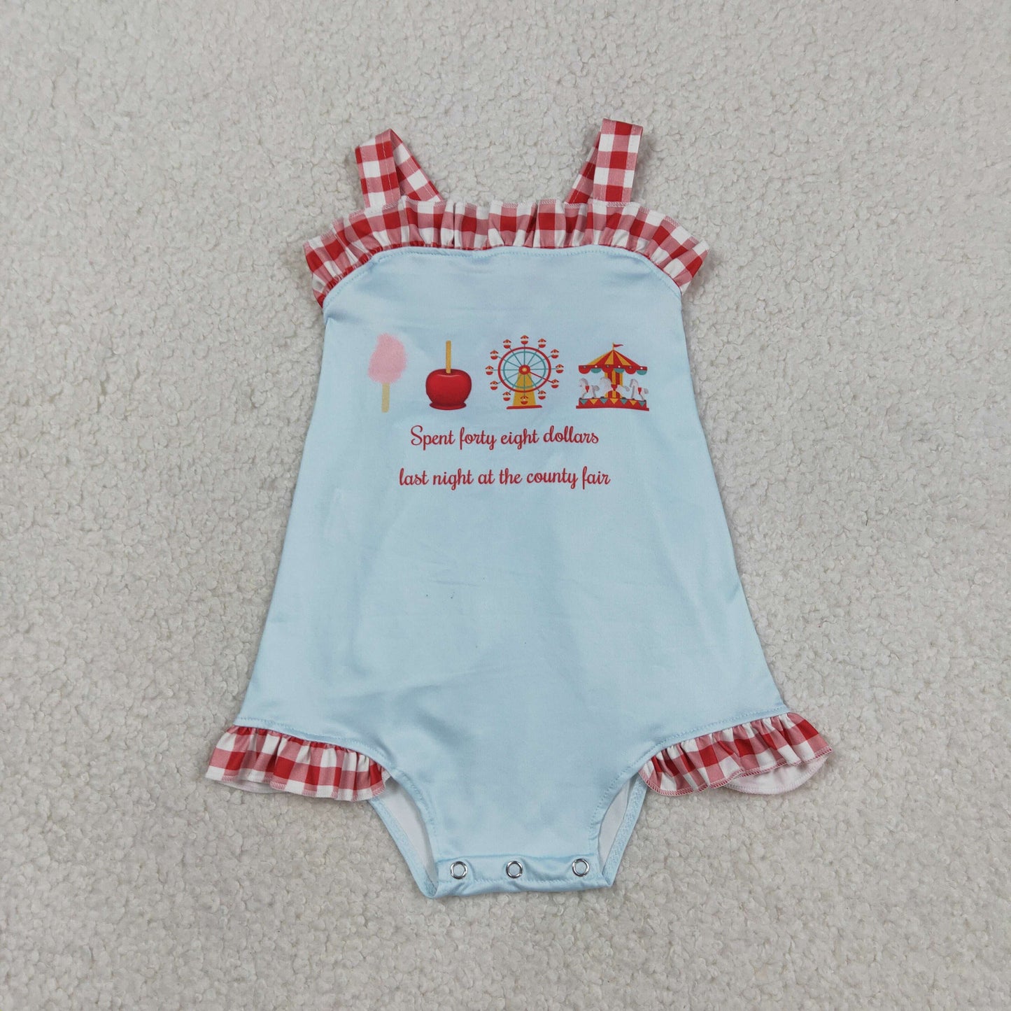 SR3055  Cotton Candy Ferris Wheel Blue Red Plaid Sleeveless Girls Bubble Romper 202603 RTS