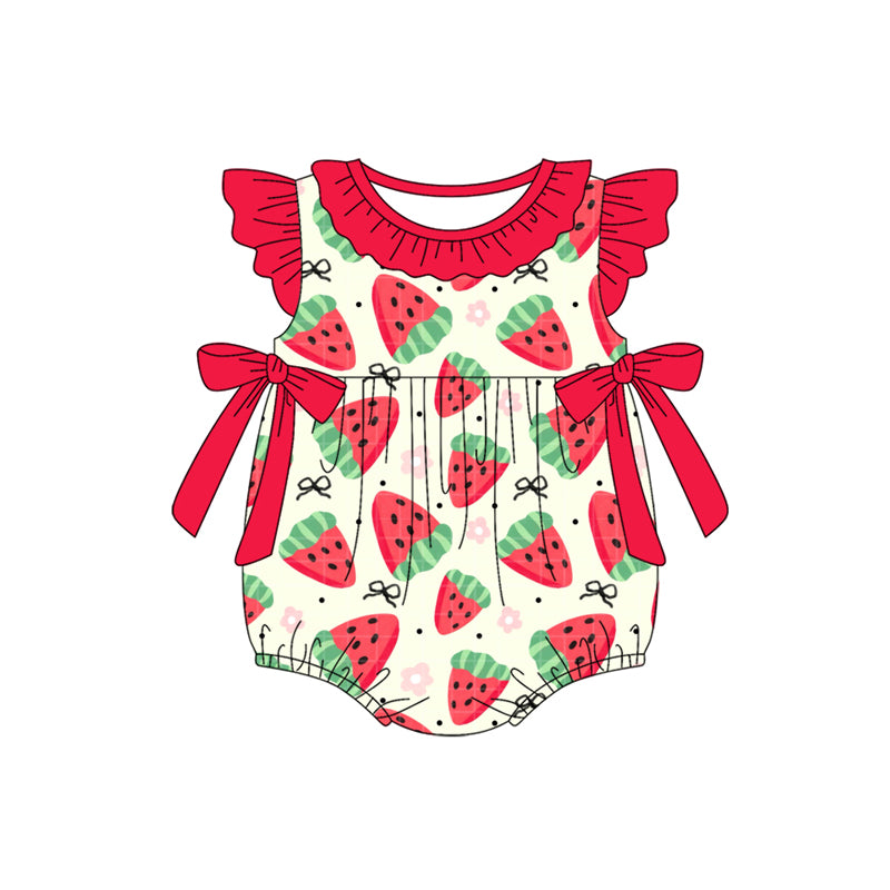 Preorder SR3062 Yellow Red Watermelon Bows Flying Sleeve Romper Baby Girls Romper 202504