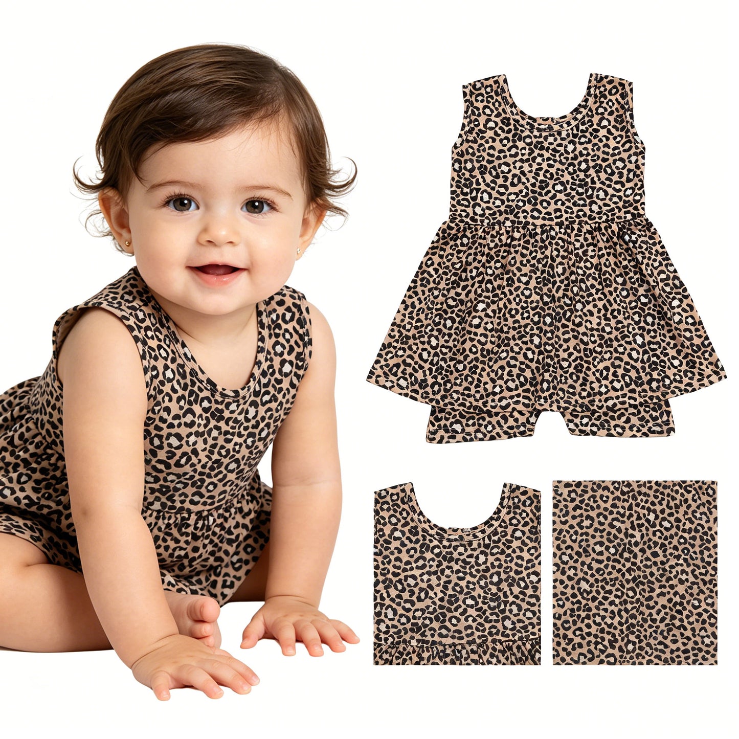 SR3070 Leopard Brown Sleeveless Girls Bubble Romper 202605 RTS