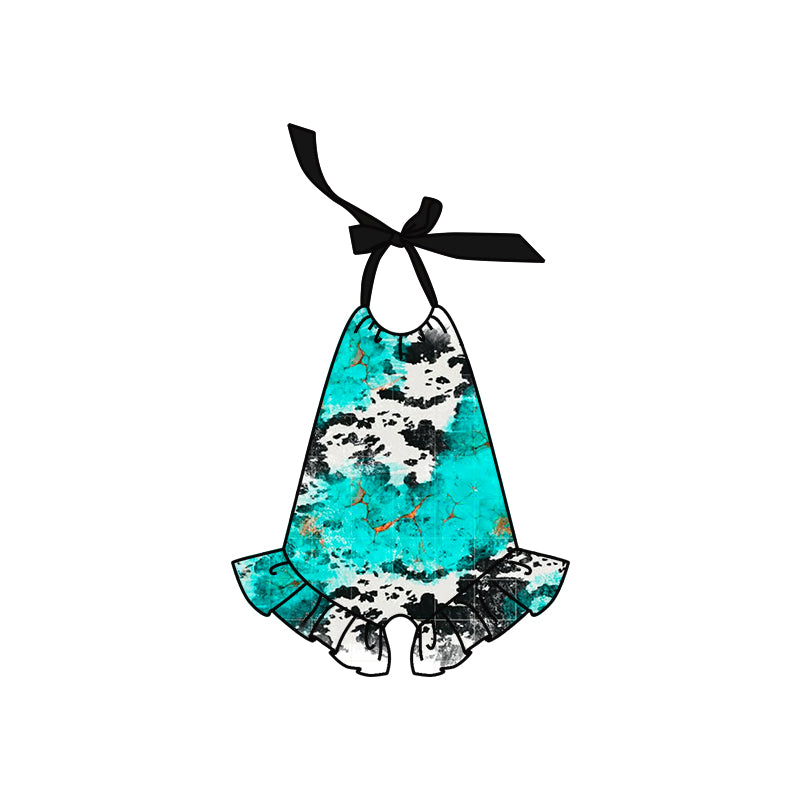 Preorder SR3074 Cow Print Blue Green Halter Romper Smocked Baby Girls Romper 202504