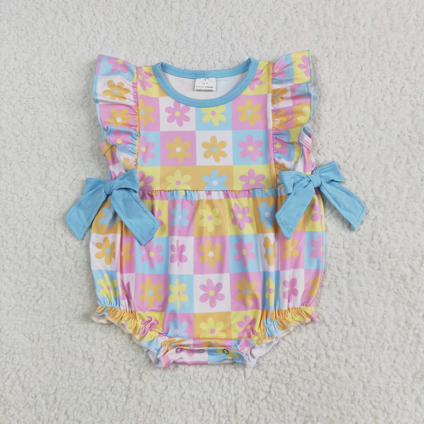 SR3090 colored plaid flower ruffle blue bows fly sleeve romper baby girl boutique outfits 202506 RTS