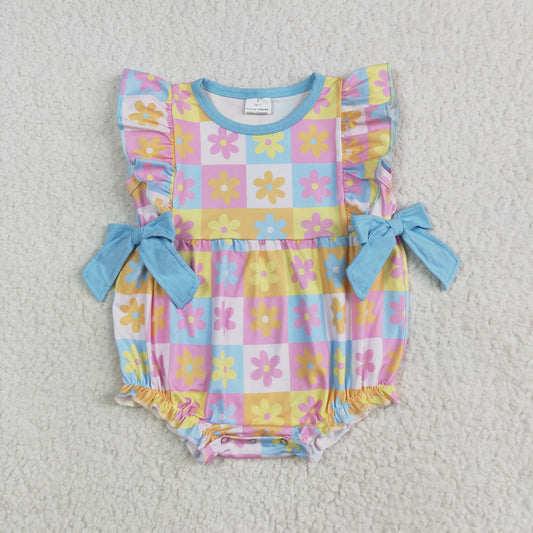 SR3090 colored plaid flower ruffle blue bows fly sleeve romper baby girl boutique outfits 202506 RTS