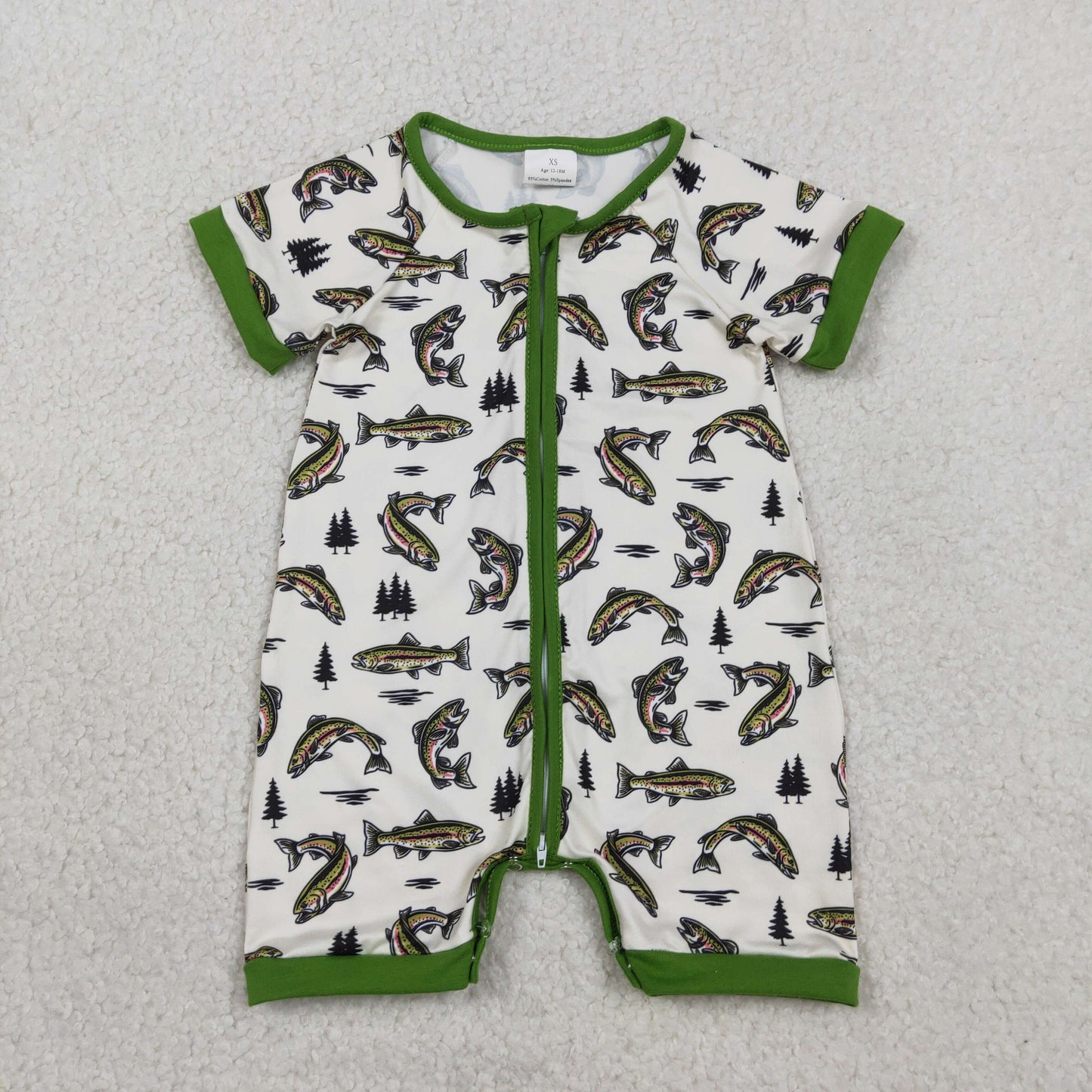 SR3095 fish tree beige green short sleeve romper baby boy boutique outfits 202602 RTS