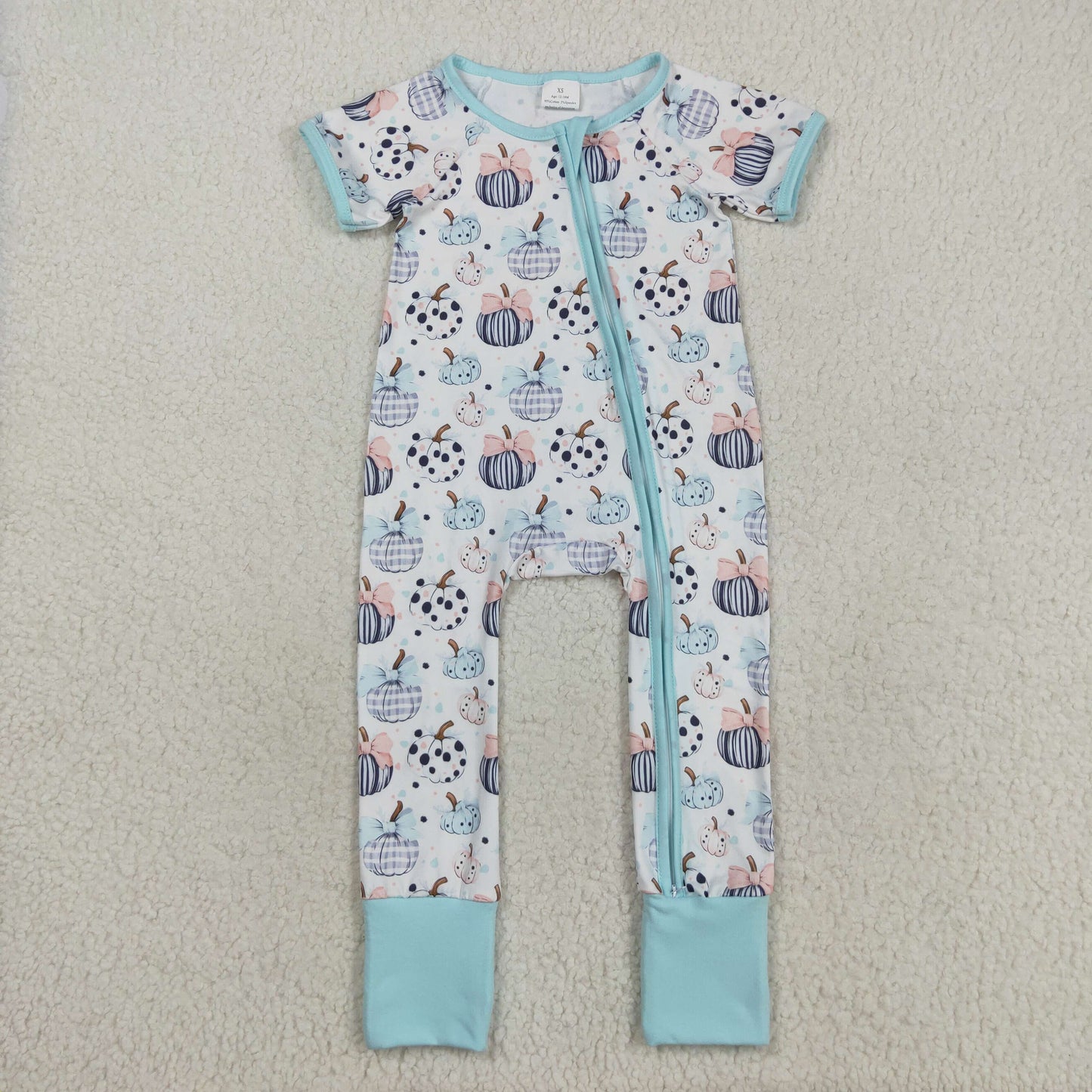 SR3109 Pumpkin Bow Blue White Short Sleeve Zippy Girls Romper 202508 RTS