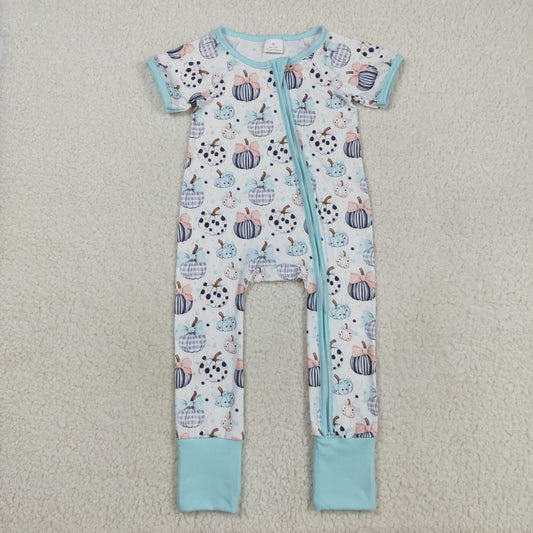 SR3109 Pumpkin Bow Blue White Short Sleeve Zippy Girls Romper 202508 RTS