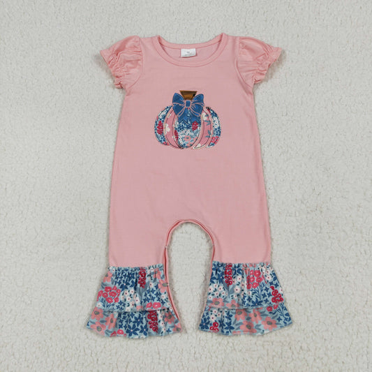 SR3112 Embroidered Pumpkin Flower Bow Pink Short Sleeve Romper Baby Girl Boutique Outfits 202506 RTS