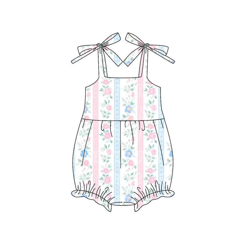 Preorder SR3118 Pink Blue Flower Stripe Halter Romper Baby Girls Boutique Outfits 202505