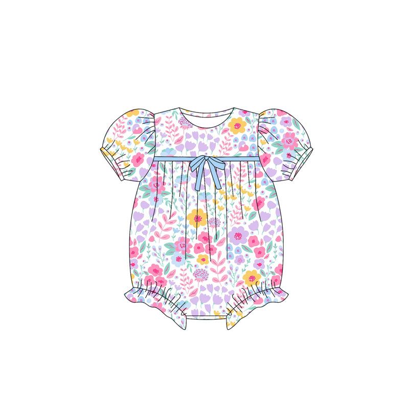 Preorder SR3123 Pink Purple Yellow Flower Leaf Blue Bow Lantern Sleeve Bubble Romper Baby Girls Boutique Outfits 202505